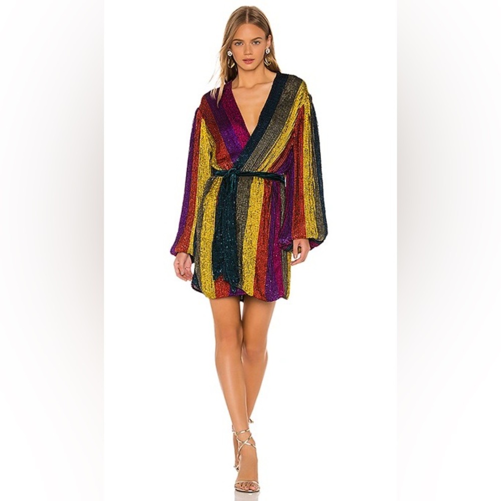 NWT RETROFETE GABRIELLE SEQUIN ROBE DRESS MULTI STRIPE SIZE SMALL